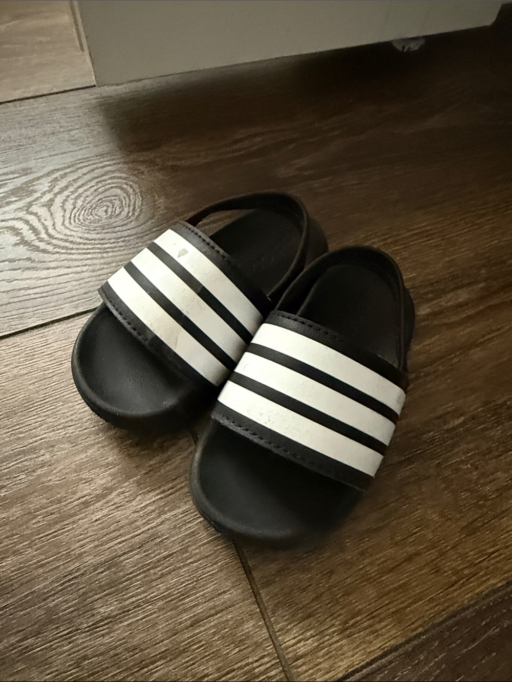 adidas Kids Black Slide Sandals with White Stripes
